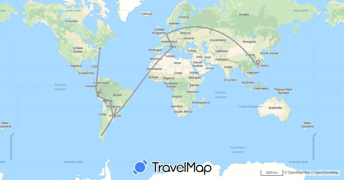 TravelMap itinerary: driving, bus, plane in Argentina, Bolivia, Brazil, China, Ecuador, Italy, Netherlands, Peru, United States (Asia, Europe, North America, South America)